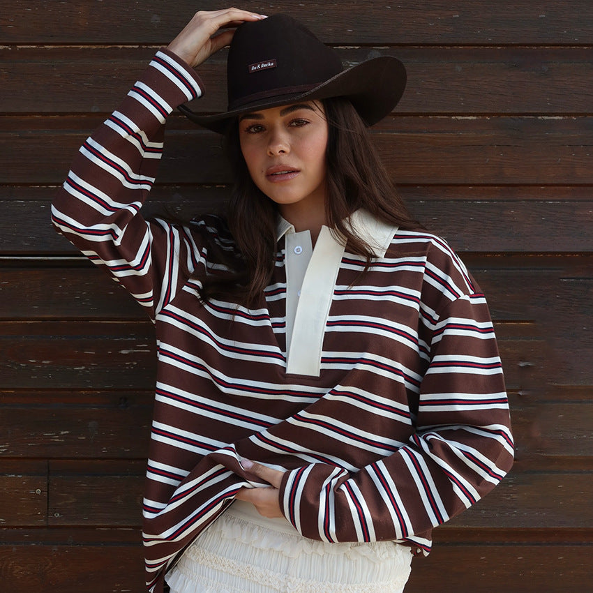 Autumn Loose Striped Polo Collar Long Sleeve Top