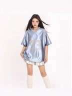 Retro V-neck Splicing Letter Print Short-sleeve