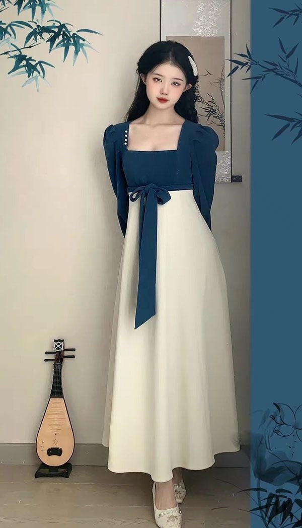 National Style New Chinese Style Spring And Autumn French Retro Elegant Slim Square Collar High Waist Skirt