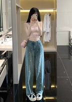Pearl Straight Jeans High Waist Slim-fit Wide-leg Pants Women