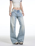 American Retro Washed Wide Leg Jeans Women's Low Waist Loose Straight
