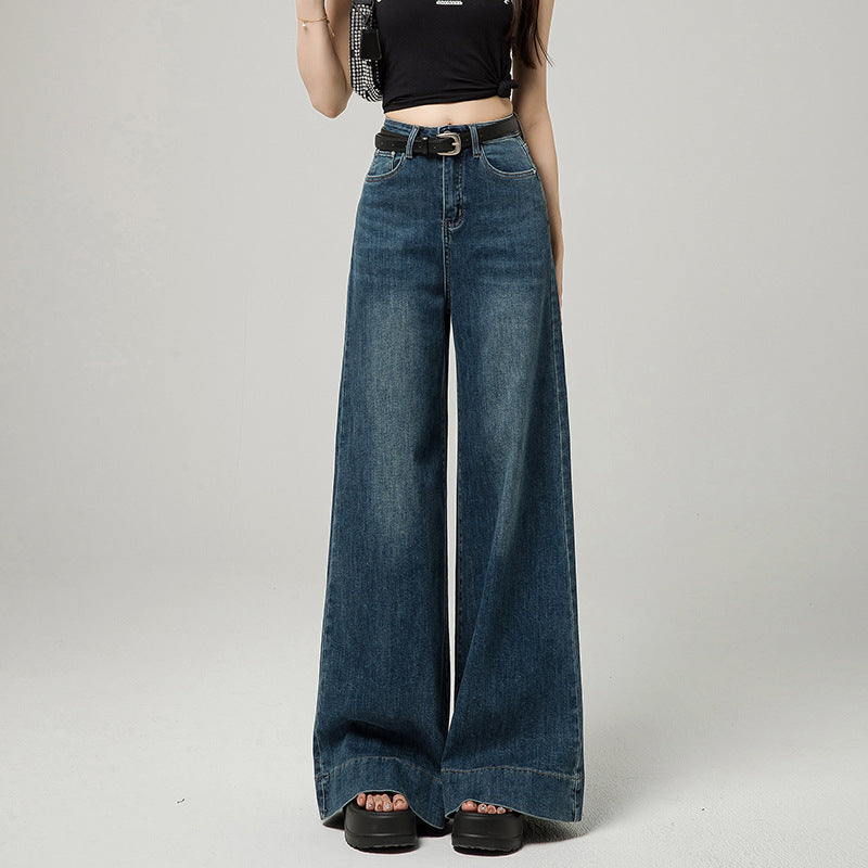 Dark Blue Narrow Version Korean Simple High Waist Loose Small Mop Wide Leg Pants