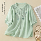 Artistic Retro Embroidery Five-quarter Sleeve Stand Collar Shirt For Women