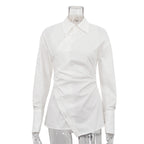 Cotton White Lapel Long Sleeve Waist Cross Irregular Shirt