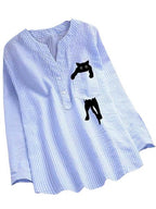 Women's Striped Cotton And Linen Pocket Printed Casual V-neck Long Sleeve Shirt