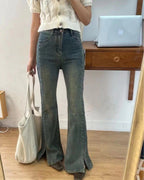 High-waisted, High-elastic, Slim-fitting, Brushed-color, Split-flared Jeans