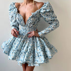 Printed Lace-up Square Collar Long Sleeve Elastic Waist Tulle Tutu Dress