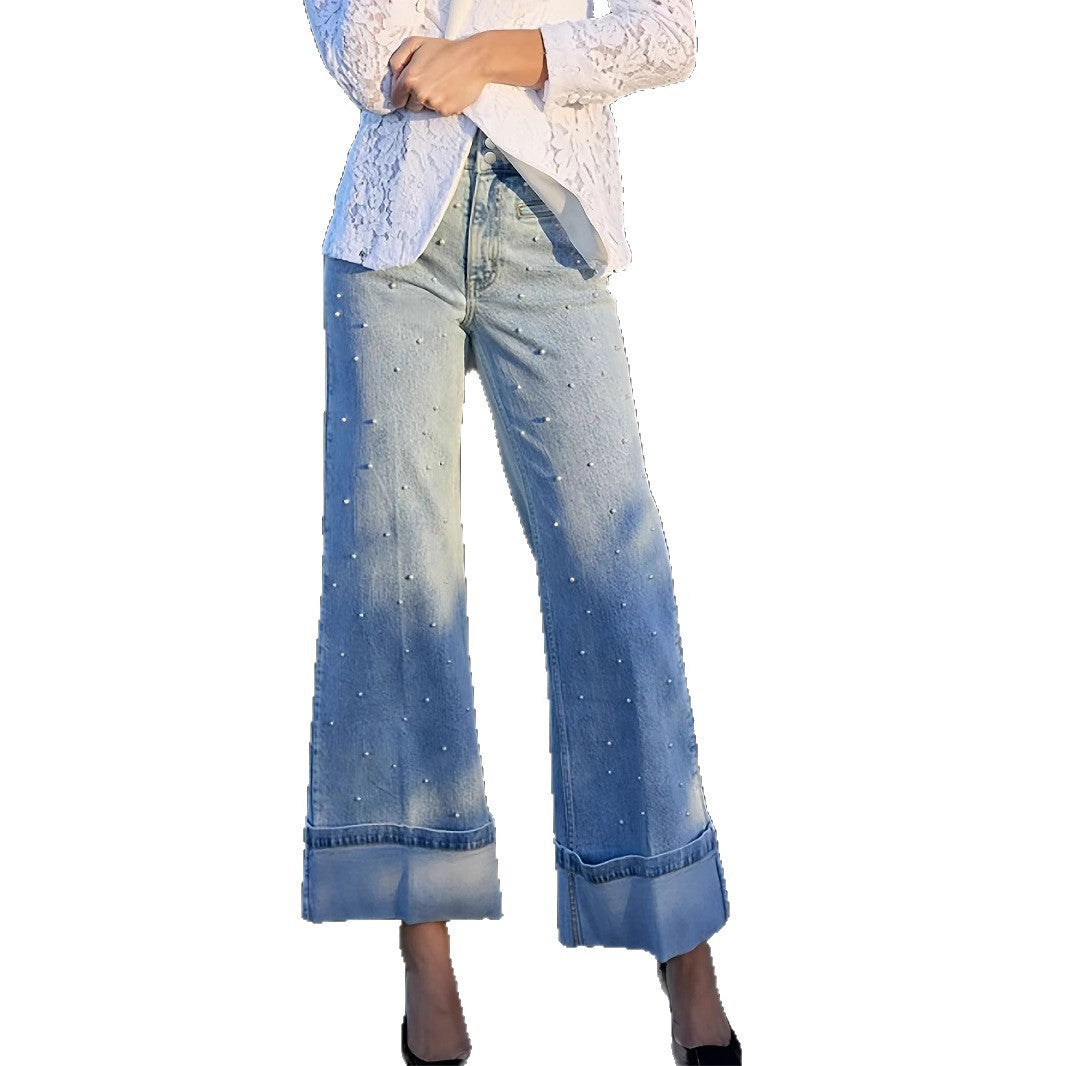 European And American High Waist Beaded Stretch Curling Jeans Wide Leg