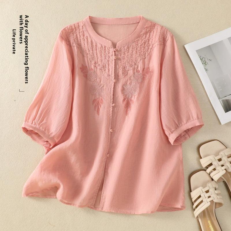 Artistic Retro Embroidery Five-quarter Sleeve Stand Collar Shirt For Women